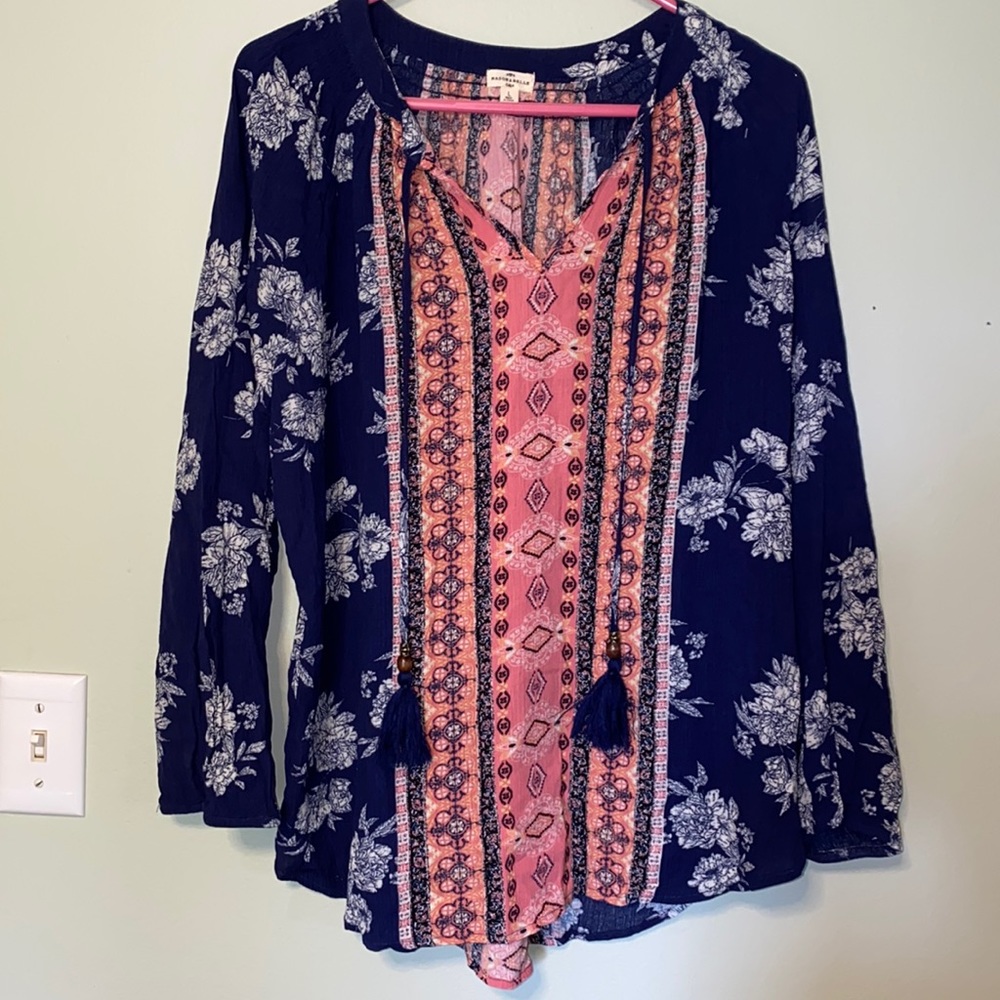 Mason & Belle, size Large, pink and blue rayon 3/4 sleeves, blouse.